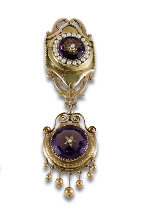 BROCHE ANTIGUO DE ORO, AMATISTAS Y PERLAS