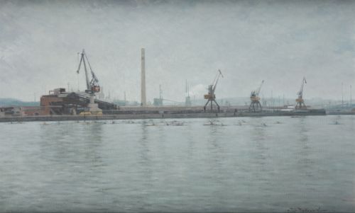 RAMON PEÑAS VAZQUEZ, "Regatas en Avilés", Óleo sobre lienzo