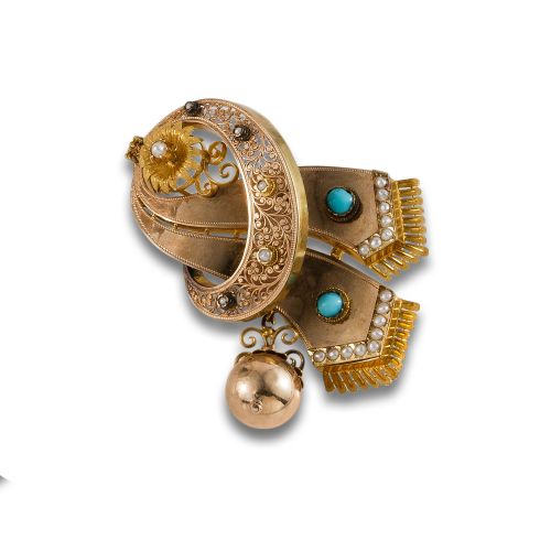 LATE 19TH CENTURY BROOCH IN GOLD, PEARLS AND TURQUOISE