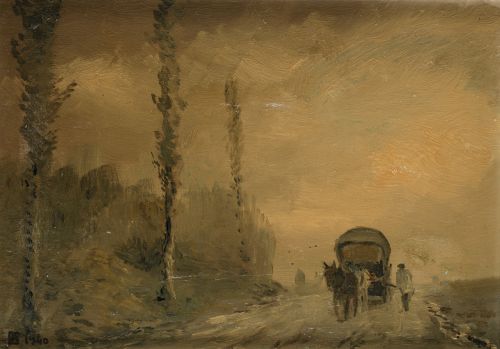 RICARDO BAROJA NESSI, "El carro", 1940, Óleo sobre cartón