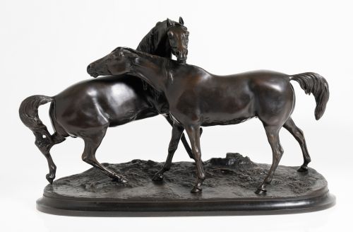 ESCUELA FRANCESA, "Caballos", Escultura de bronce patinado