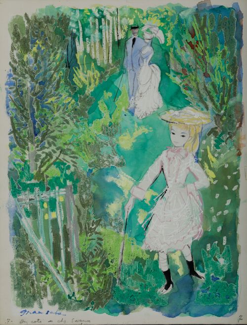 EMILIO GRAU SALA, "familia en el jardín·, Técnica mixta sob