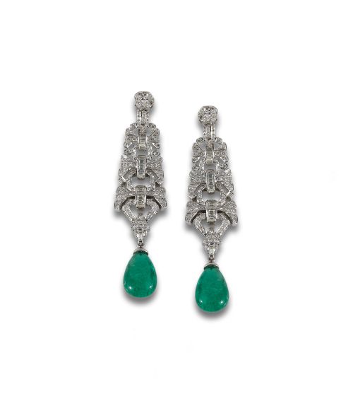 PENDIENTES ESTILO ART DECÓ CON DIAMANTES Y ESMERALDAS