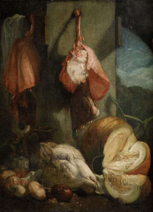 ESCUELA NAPOLITANA , "Bodegón de cocina", Óleo sobre lienzo.