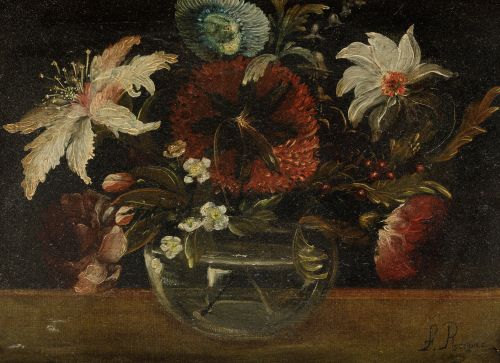 ESCUELA MEXICANA , "Florero con lírios, dalias y rosas", Ól