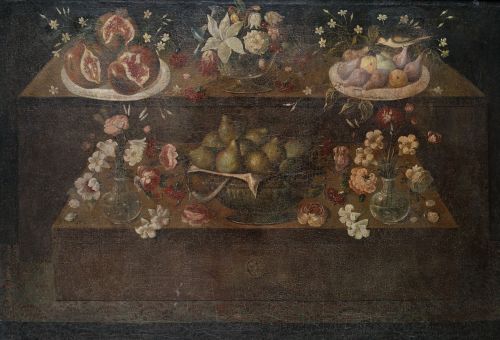 ESCUELA ESPAÑOLA, "Bodegón con aparador, fruteros, floreros