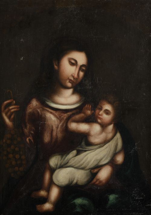 ESCUELA ITALIANA, "Virgen de las uvas", Óleo sobre lienzo.