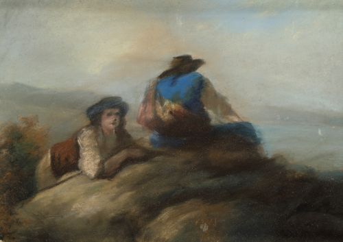  ESCUELA ESPAÑOLA, "Pastores", Pastel sobre papel.