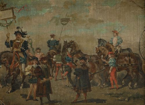 ESCUELA ESPAÑOLA, "Desfile con portaestandartes", Óleo sob