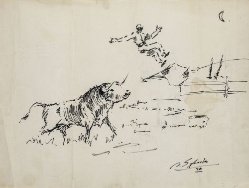 ESCUELA ESPAÑOLA, "Lances taurinos", 1970, Pareja de tinta