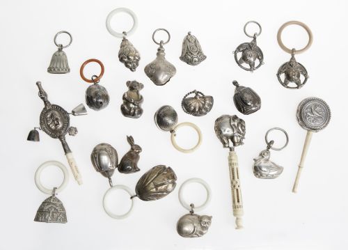 Collection of twenty rattles made of silver and silver-plat