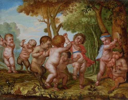 ANÓNIMO, "Bacanal infantil", Óleo bajo cristal.