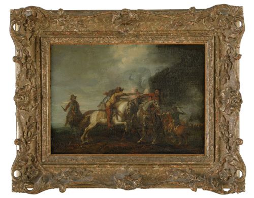 ESCUELA FLAMENCA , “Batalla de caballería”, Óleo sobre ta