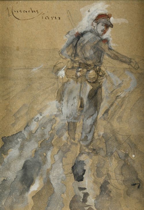 JOSÉ CUSACHS Y CUSACHS, “Soldado”, Acuarela y gouache sob