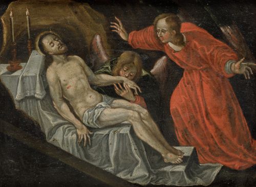 ESCUELA ESPAÑOLA, "Lamentación ante Cristo muerto", Óleo so