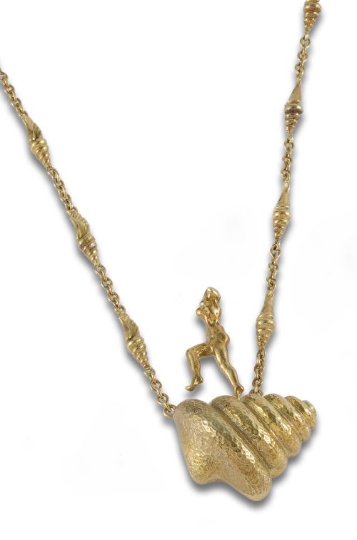 Dali necklace with woman climbing ladder in gold