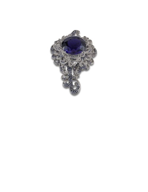 GRAND BROOCH WITH GOLD, TANZANITE, DIAMONDS AND SAPPHIRES.