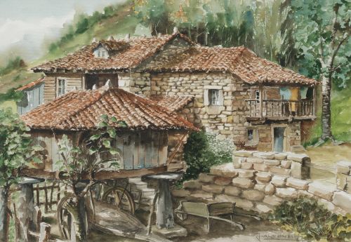JOSÉ ALFONSO, "Casa asturiana con hórrero", Acuarela sobre 