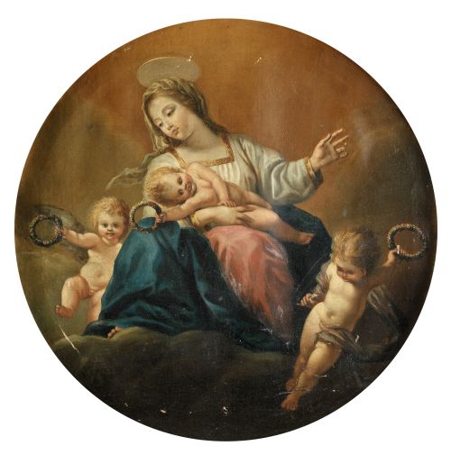 ESCUELA ESPAÑOLA , "Virgen con el Niño y ángeles", Óleo sob