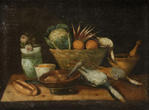 ESCUELA ESPAÑOLA, "Bodegón de cocina con perdices", Óleo so