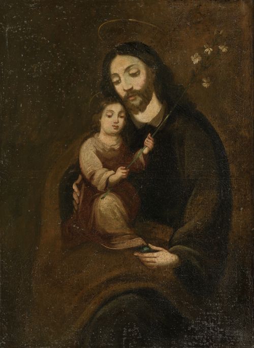 ESCUELA ESPAÑOLA, "San José con el Niño", Óleo sobre lienzo