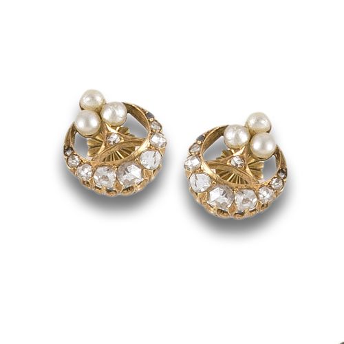 Gold crescent moon earrings with diamonds and pearls