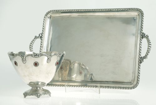 Silver tray with side handles, 916 fineness, Spain, 20th ce