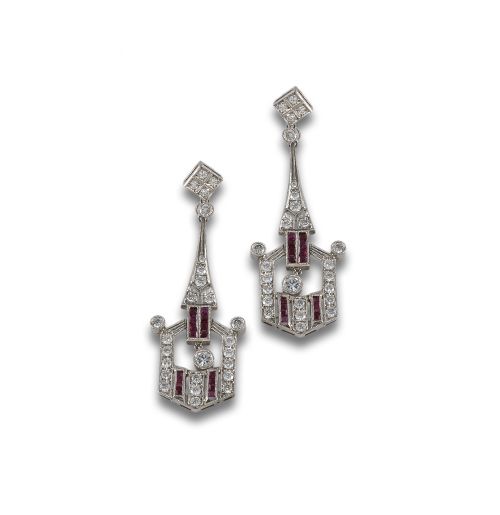 PLATINUM, DIAMOND AND RUBIE EARRINGS.
