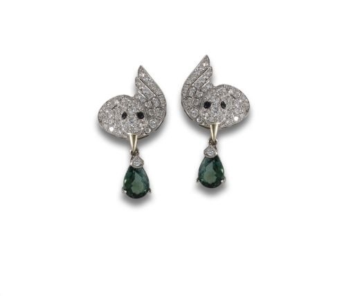 PLATINUM EARRINGS WITH DIAMONDS, ONYX AND TOURMALINE