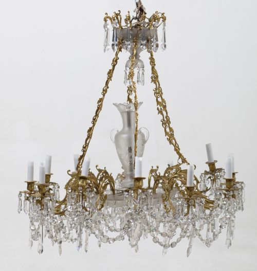 Gilt bronze ceiling lamp with pandelocas and crystal beads,
