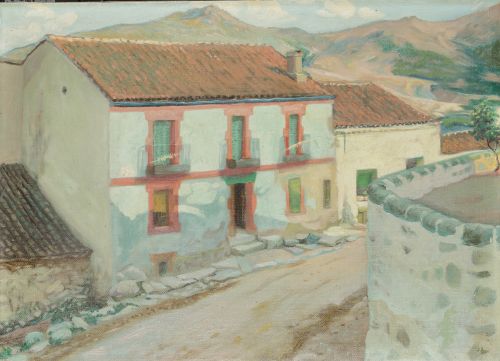  ESCUELA ESPAÑOLA, "Casa en Bustarviejo", Óleo sobre lien
