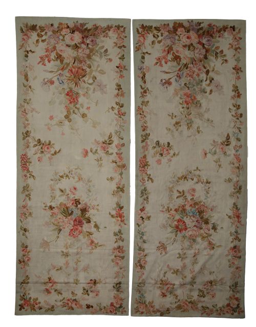 Pair of Aubusson-style hangings with floral decoration