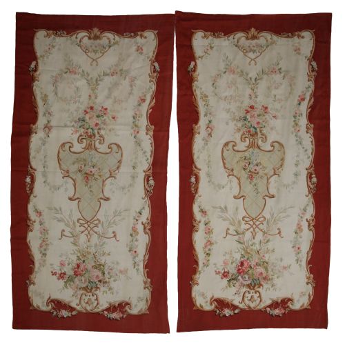 Pair of Aubusson style hangings with beige background and r