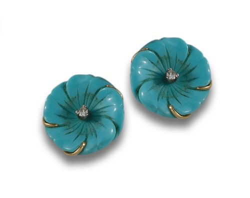 GOLD, TURQUOISE AND DIAMOND FLOWER EARRINGS