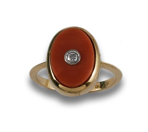 GOLD, CORAL AND DIAMOND RING