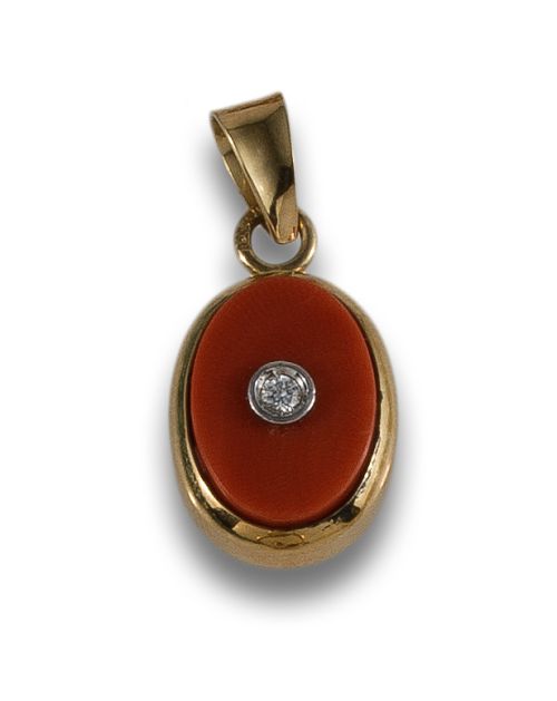 GOLD, CORAL AND DIAMOND PENDANT