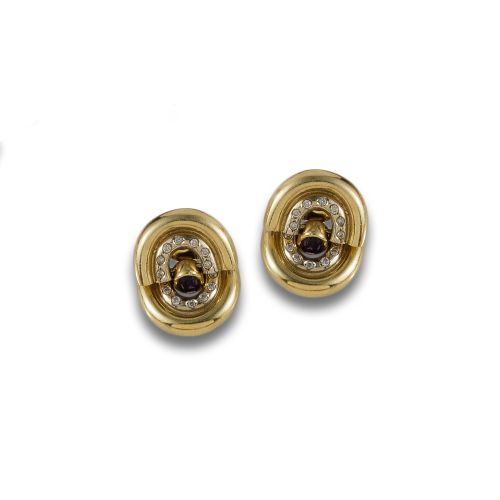 GOLD EARRINGS WITH AMETHYST AND COLORLESS GEM