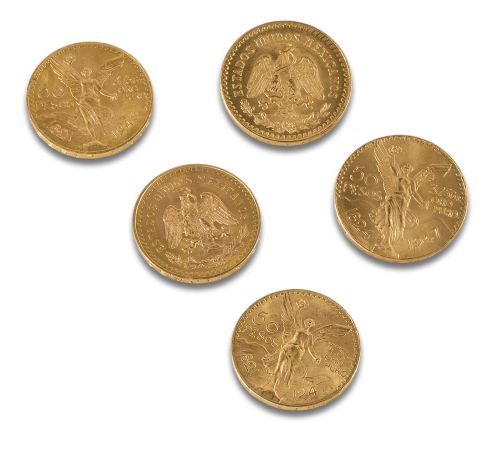 FIVE GOLD COINS OF 50 MEXICAN PESOS