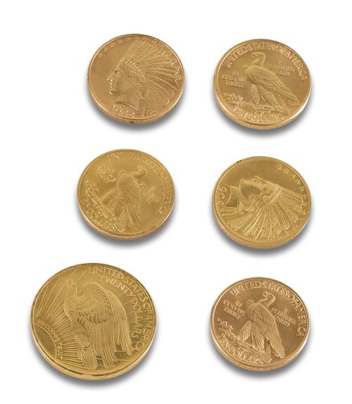 LOT OF SIX GOLD COINS OF TEN AND TWENTY DOLLARS USA