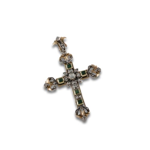 ANTIQUE GOLD AND SILVER CROSS WITH DIAMONDS AND EMERALD