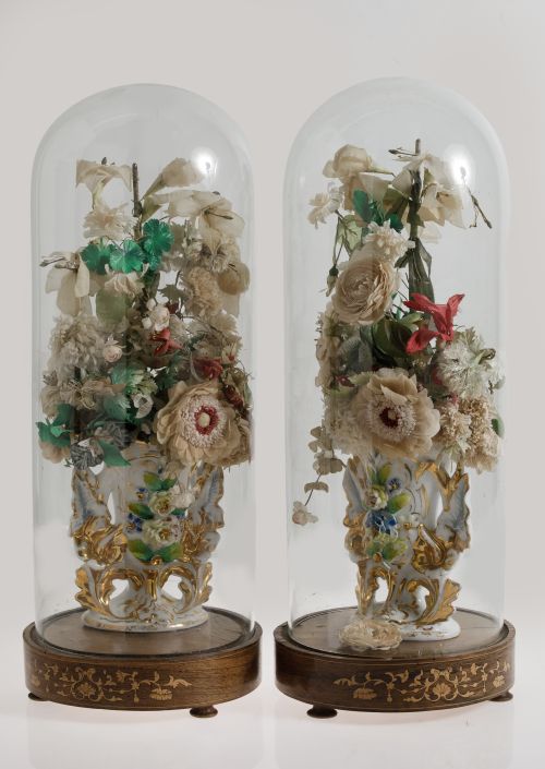 Pair of lanterns with Elizabethan vases and fabric flowers,