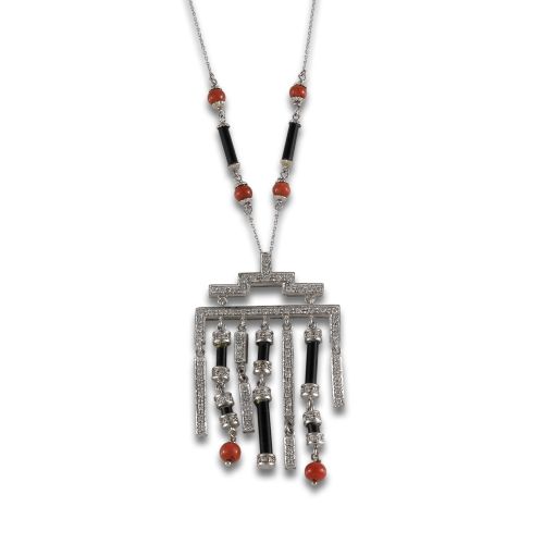 COLLAR DE ORO, DIAMANTES, CORAL Y ONIX