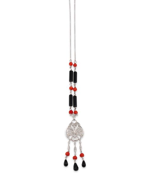 COLLAR DE ORO BLANCO CON CORAL, ONIX Y DIAMANTES