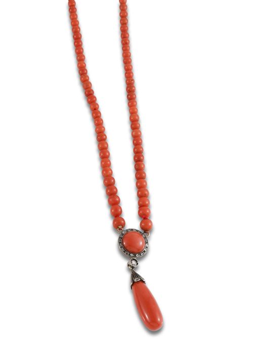 Coral bead necklace with 14K gold and silver clasp