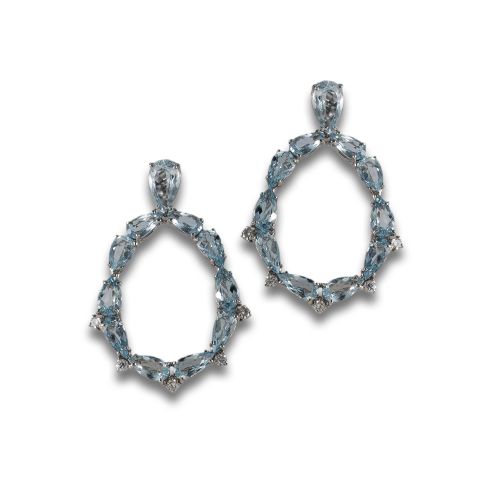 PENDIENTES DE AROS DE ORO, AGUAMARINA Y BRILLANTES