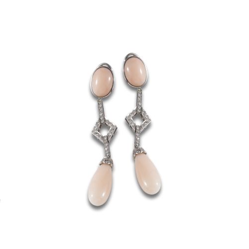 LONG WHITE GOLD EARRINGS WITH ANGEL SKIN CORAL AND DIAMONDS
