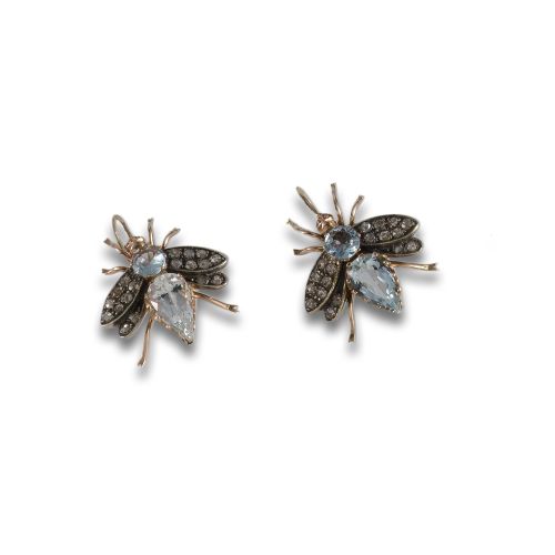 PENDIENTES VINTAGE DE ORO, DIAMANTES Y AGUAMARINAS
