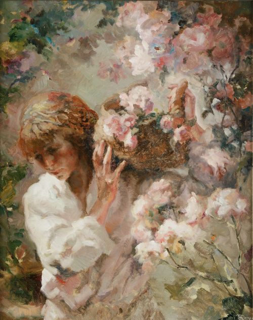 JOSE ROYO Valencia (1941) "Woman with basket of flowers"