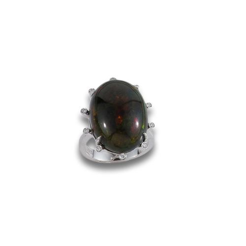 PLATINUM RING WITH BLACK OPAL AND DIAMONDS