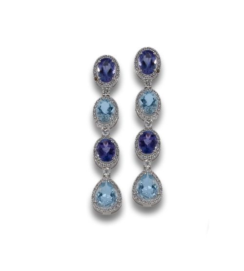 LONG GOLD EARRINGS WITH AQUAMARINE, TANZANITE AND DIAMONDS